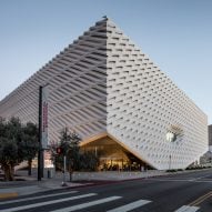 Front view of The Broad museum's exterior taken at sundown
