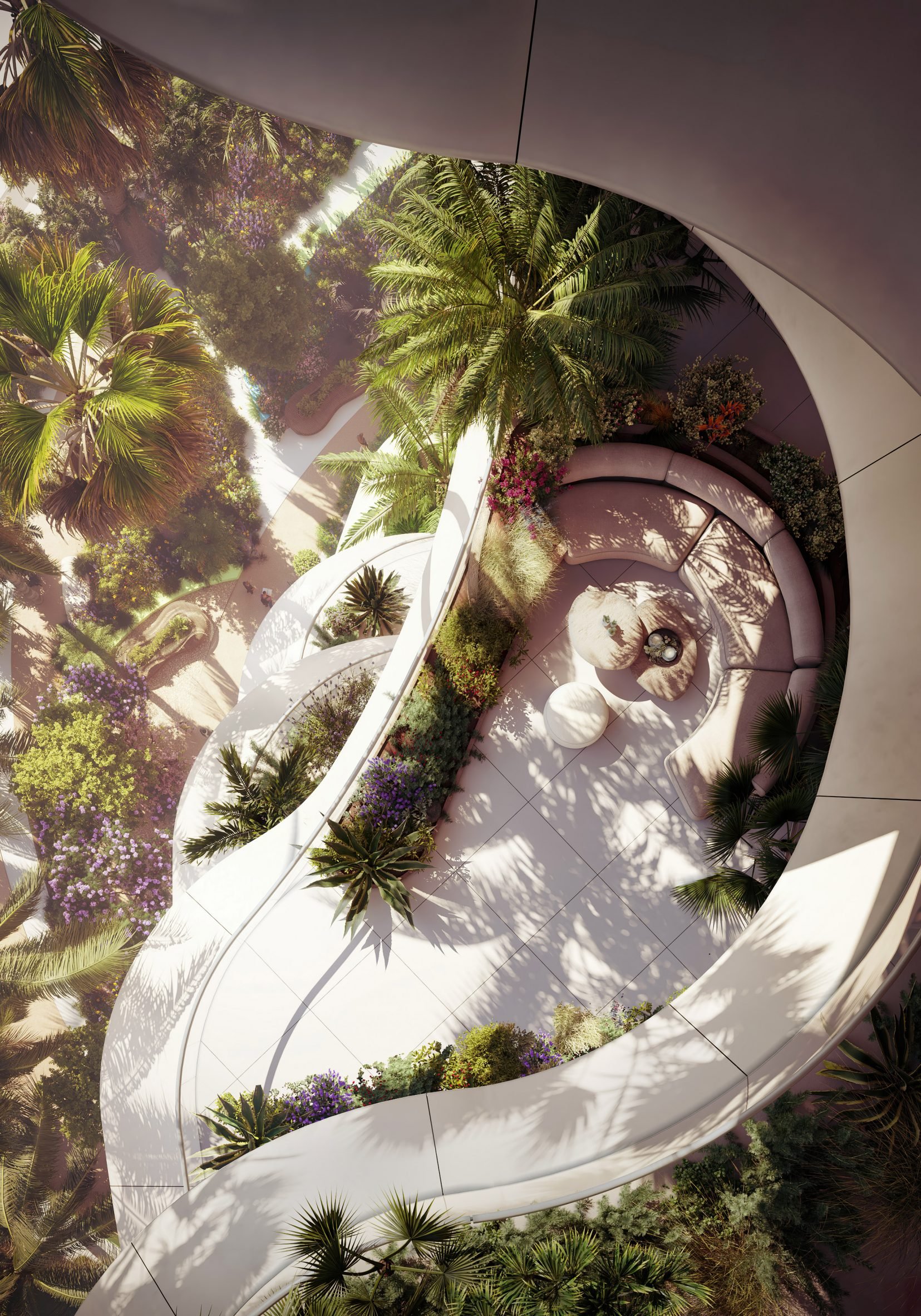 Spiraled terraces on building