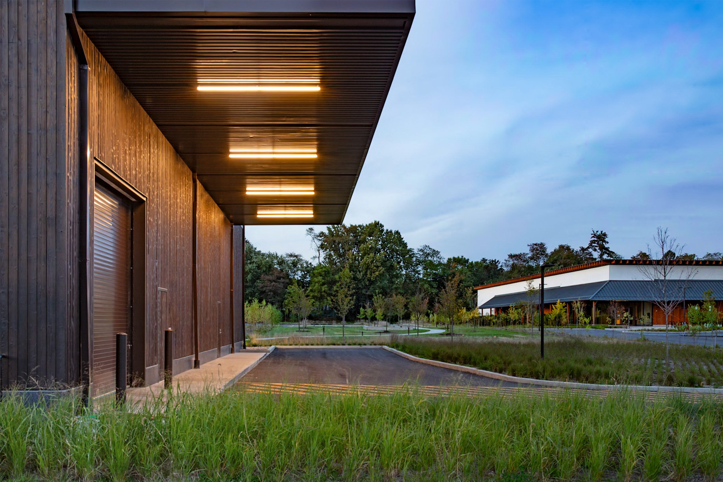 An overhang with lights underneath