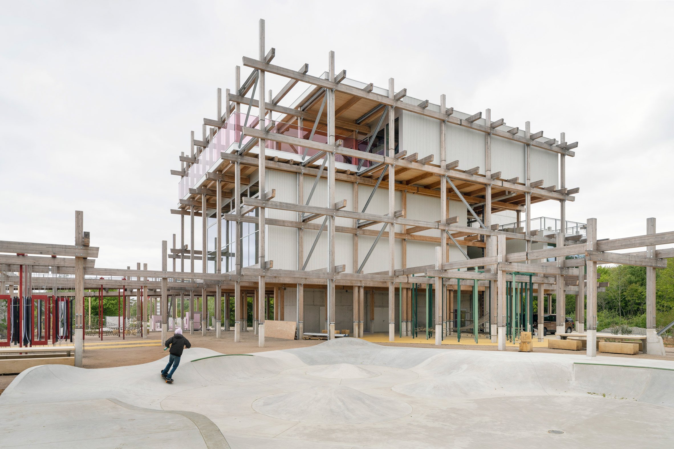 Skate park in from of a timber frame structure in Germany