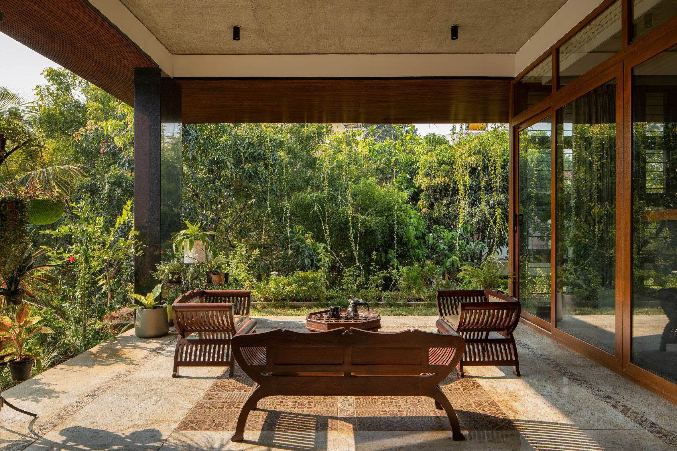 Balcony in a home surrounded by greenery