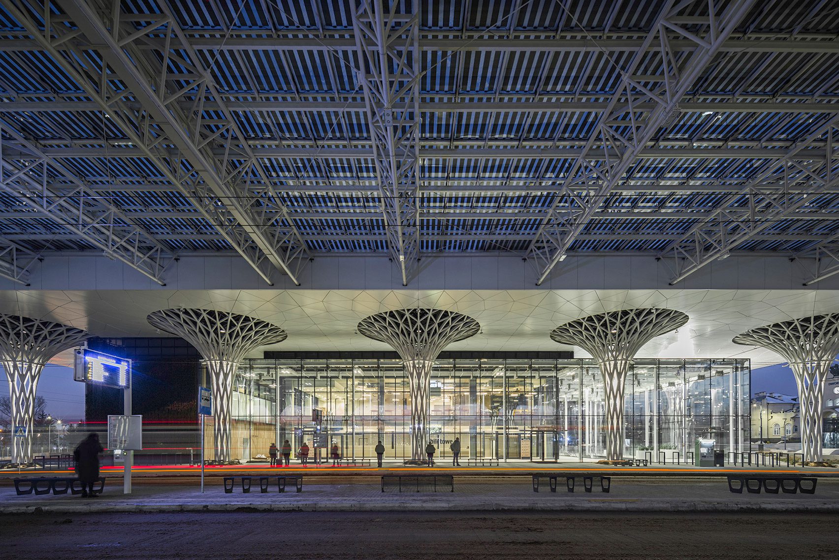 Exterior of Metropolitan Station in Lublin by Tremend at night