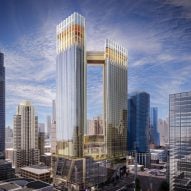 Two towers connected by an enclosed walkway in New York