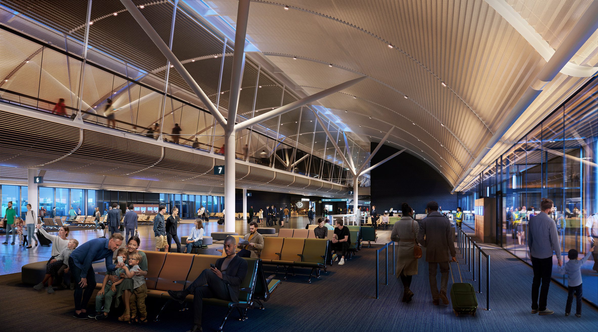 Tree-like support beams in vaulted airport terminal