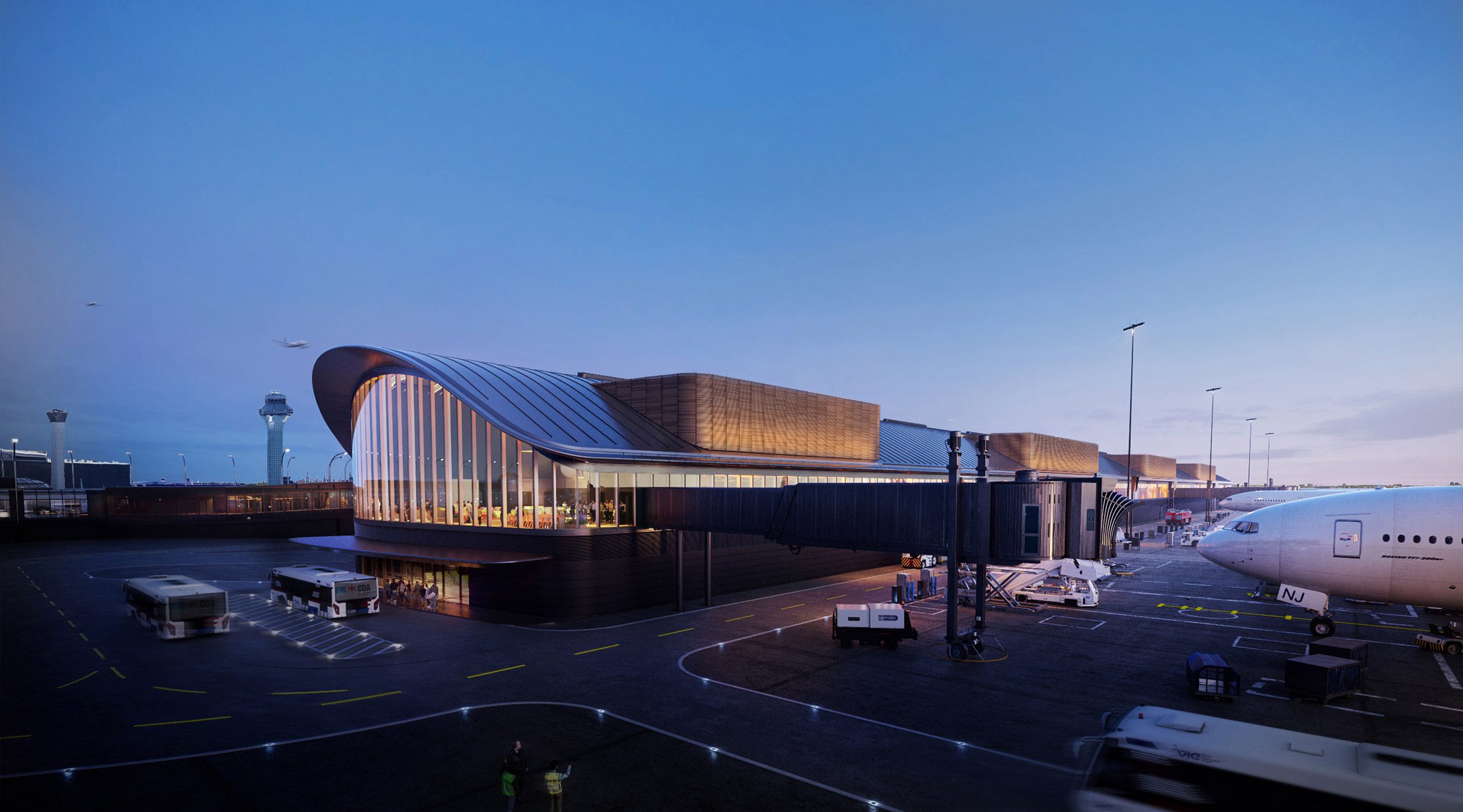 SOM-designed O'Hare terminal at night