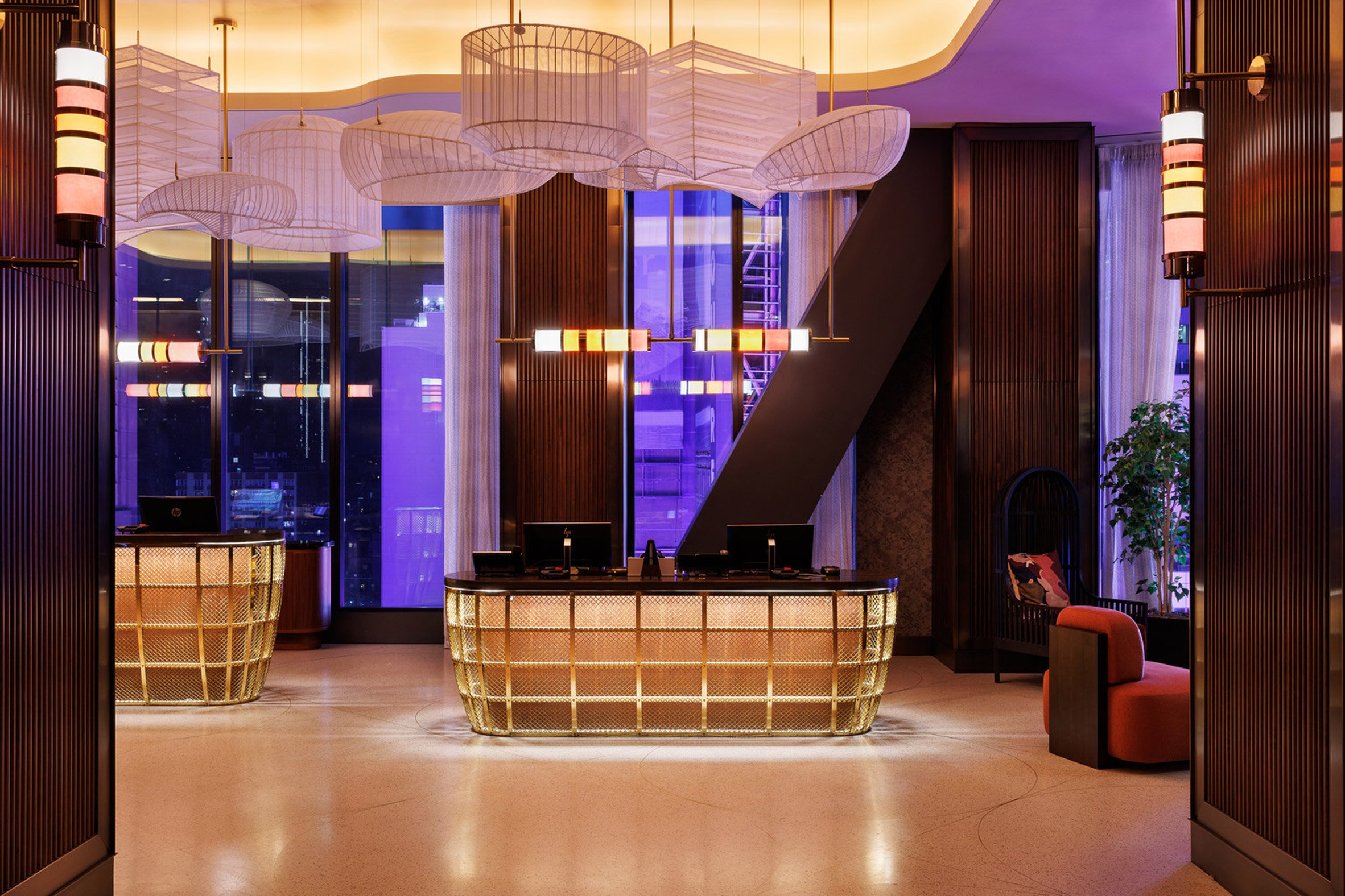 A lobby with illuminated desk
