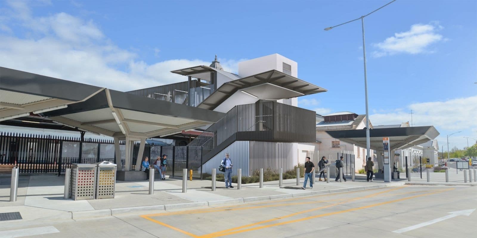 View from the bus interchange featuring the belvedere balconies, staircase, lift shaft and landscaping. Image: Victorian Government.