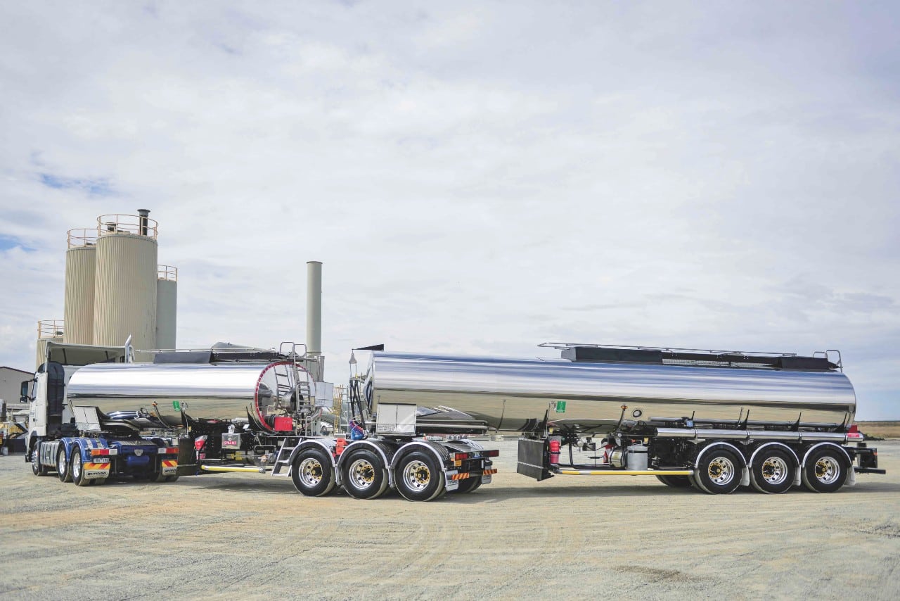 Fulton Hogan’s 25 metre B-Double bitumen combination tanker.