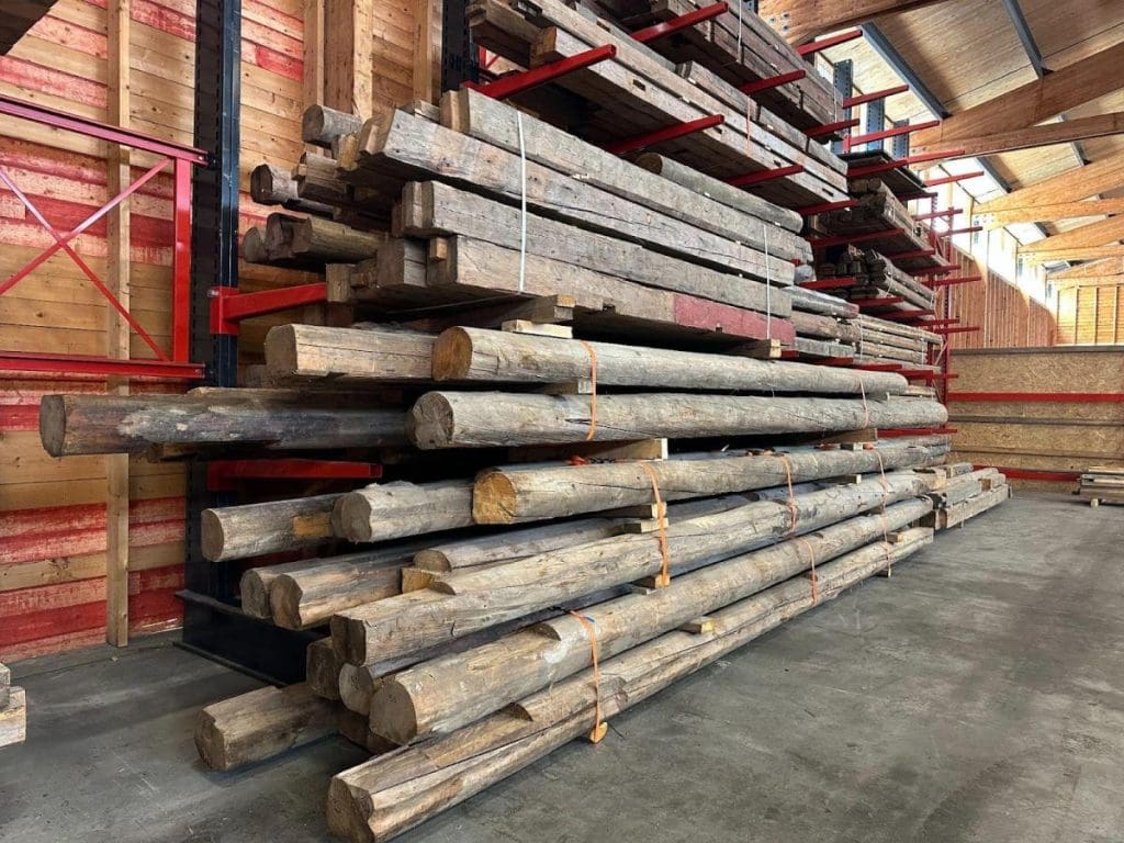 Reclaimed timber at Omtre’s factory in Norway, ready to be shipped to TalTech in Estonia for technical testing