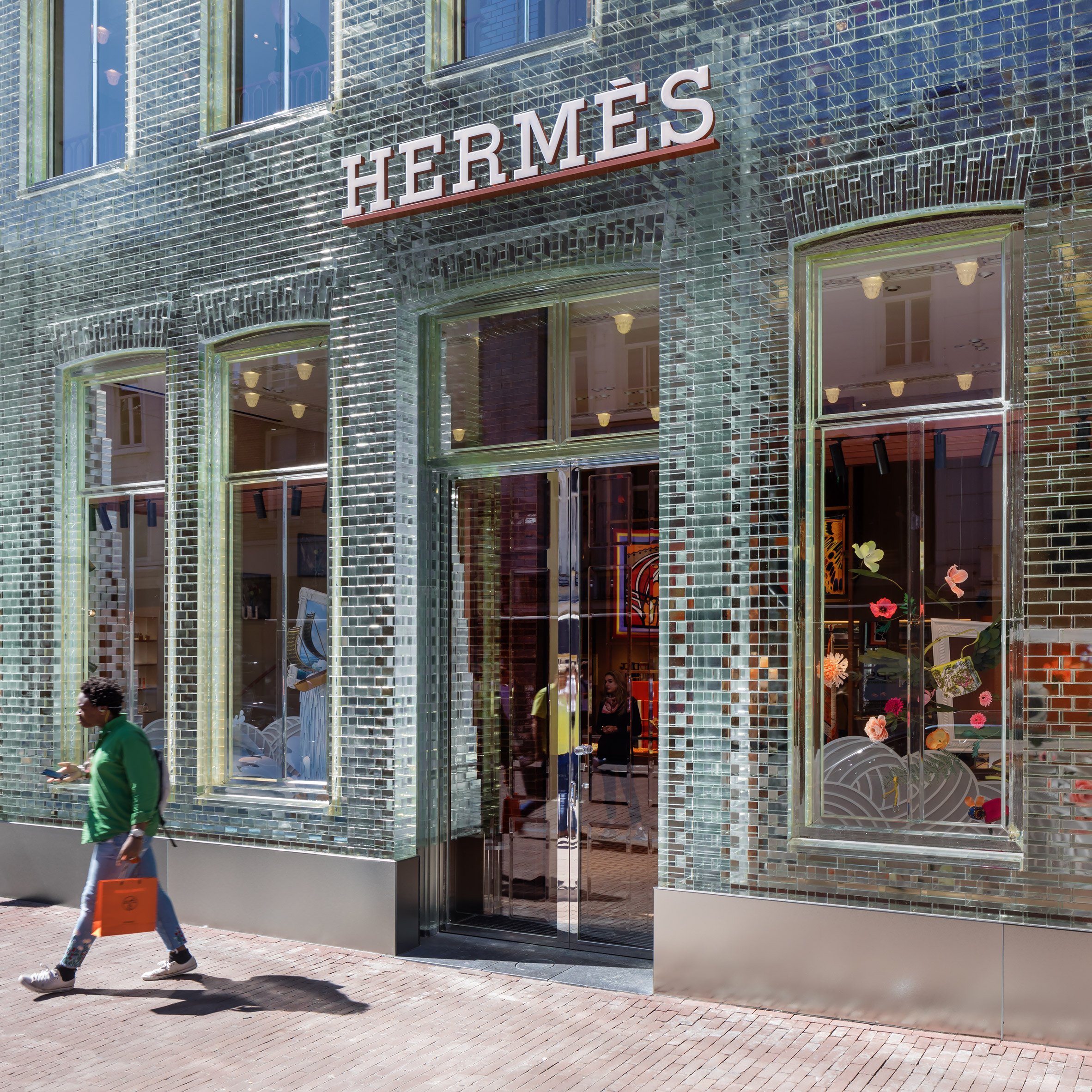 Glass-brick facade of Hermès Amsterdam store