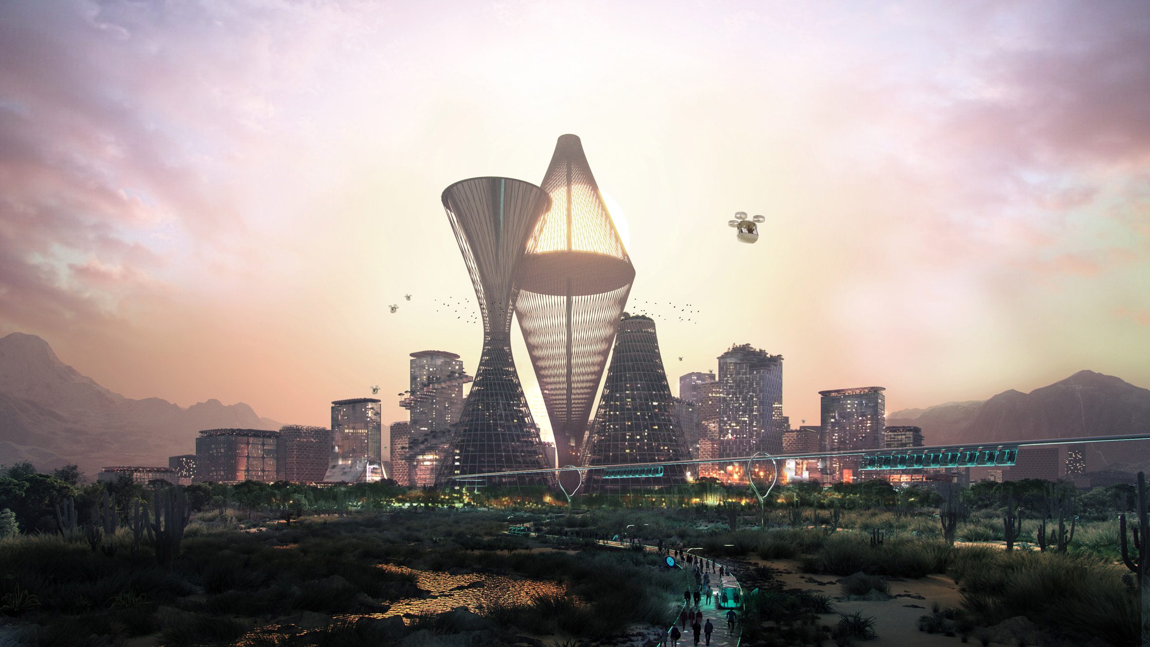 Telosa towers in desert