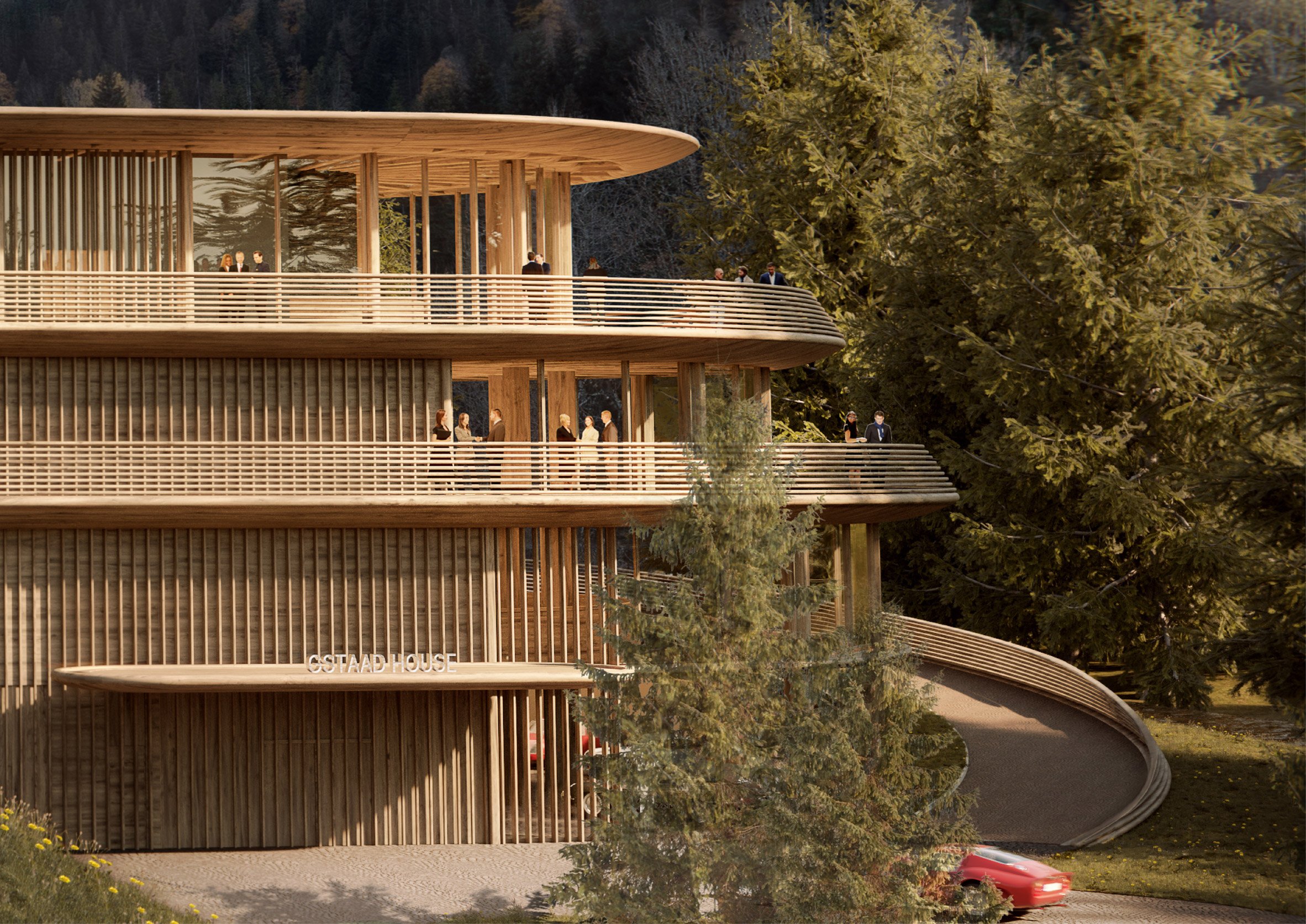 View of timber showroom by Foster + Partners
