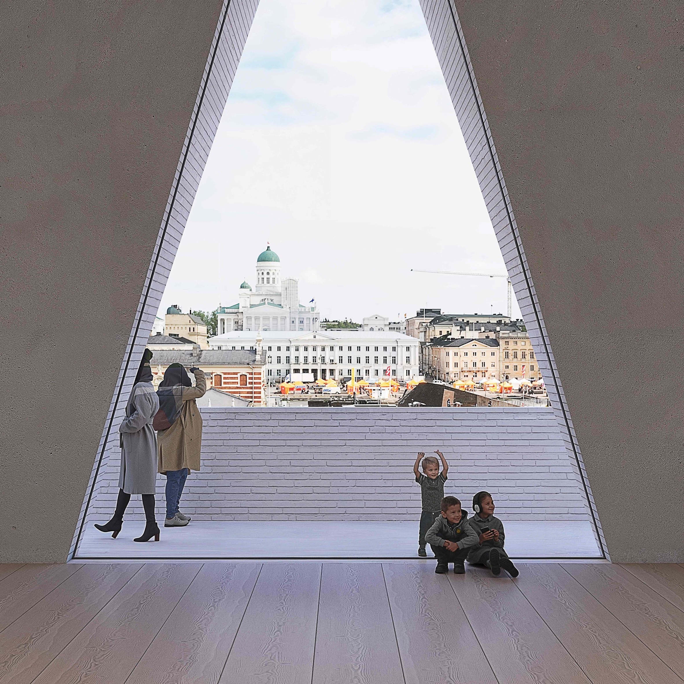 Render of a triangular window overlooking Helsinki