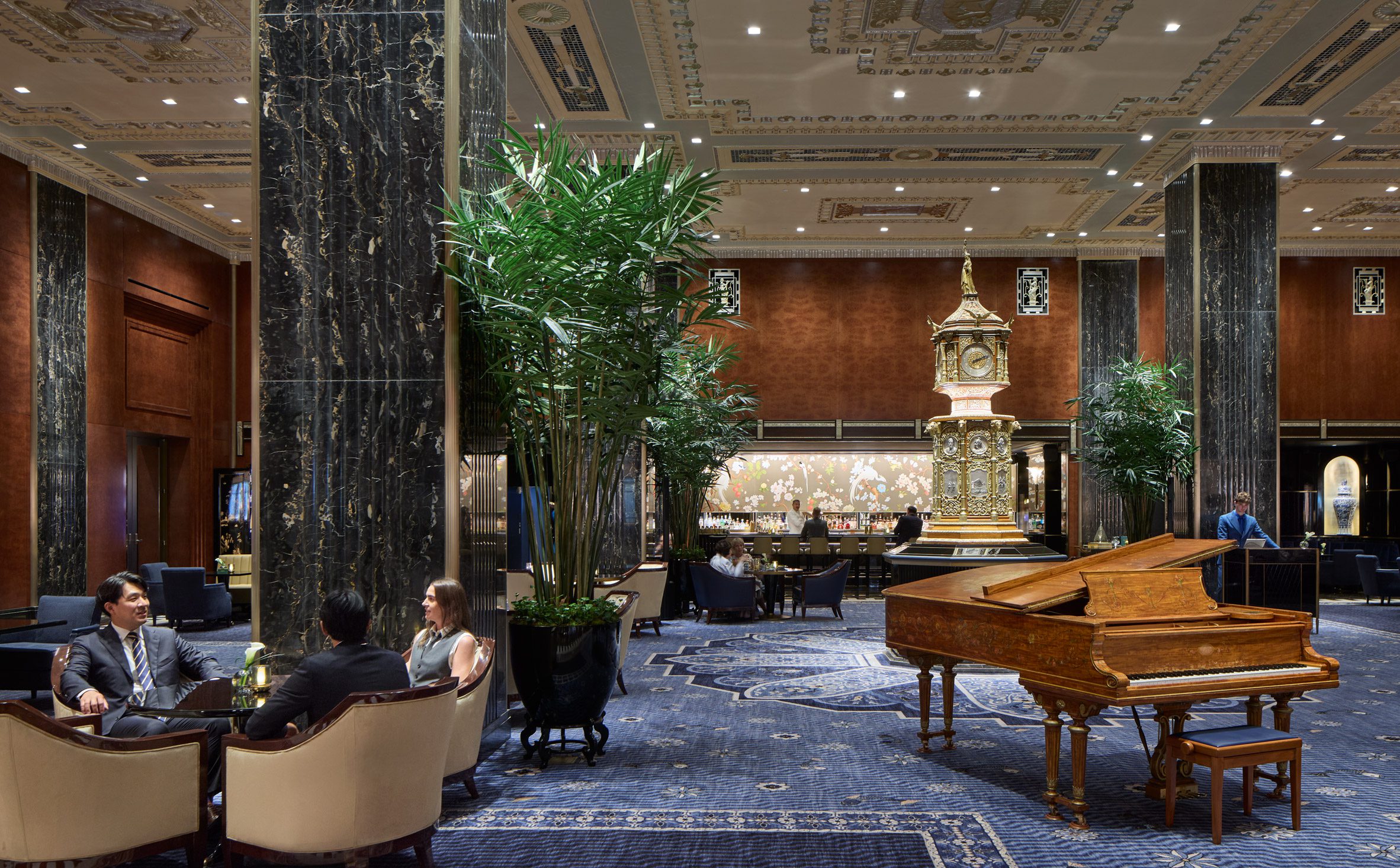 The 1893 World’s Fair clock sits at the centre of the hotel lobby