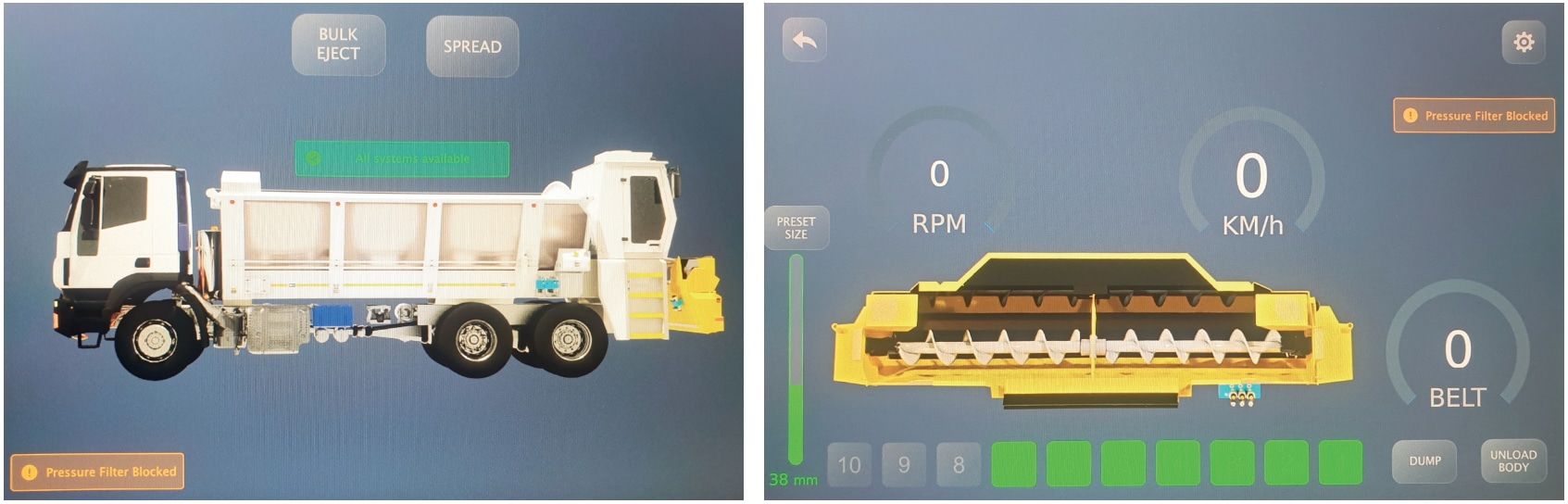 Above, L to R: The welcome screen of the new system features the layout of the exterior of the Road Ant; The spreader screen of the new system is similar to a car’s dashboard featuring the Road Ant’s revolutions per minute and kilometres per hour.