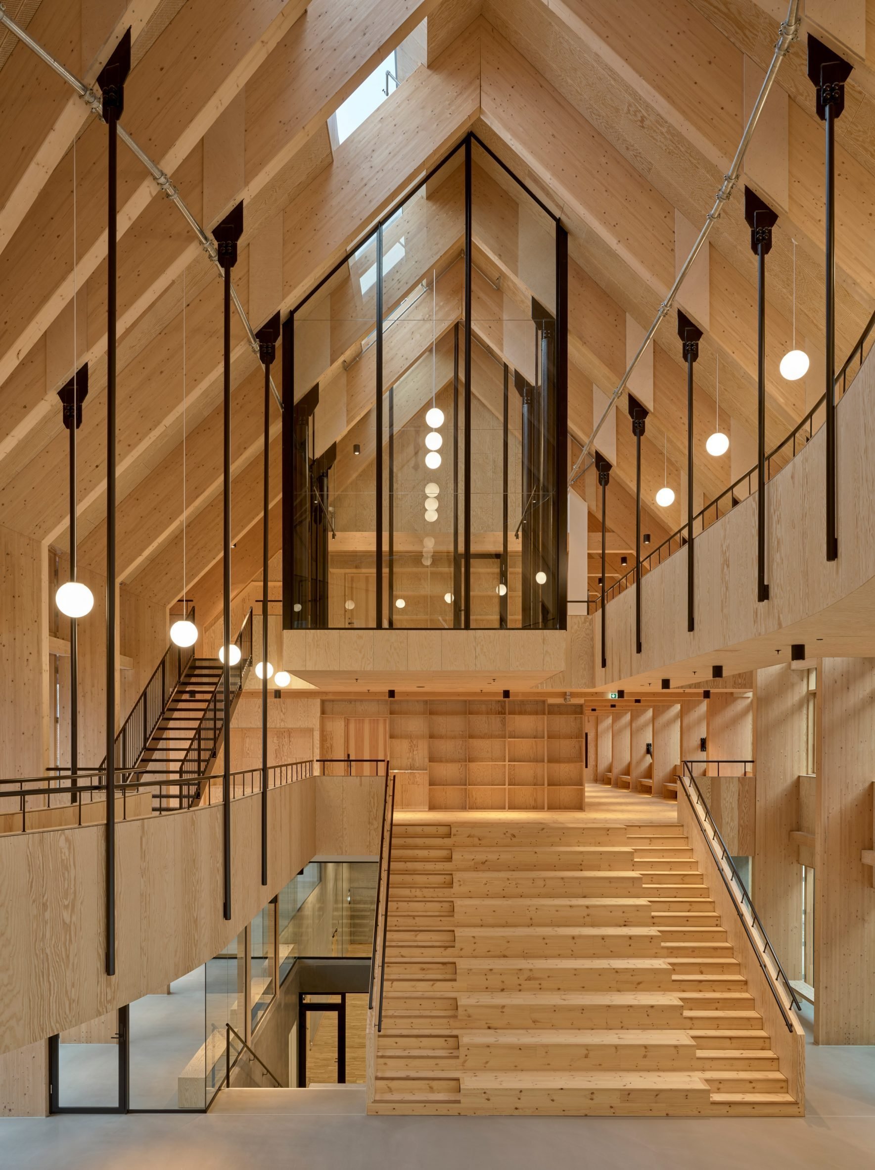 Wood-filled interior of health centre Copenhagen