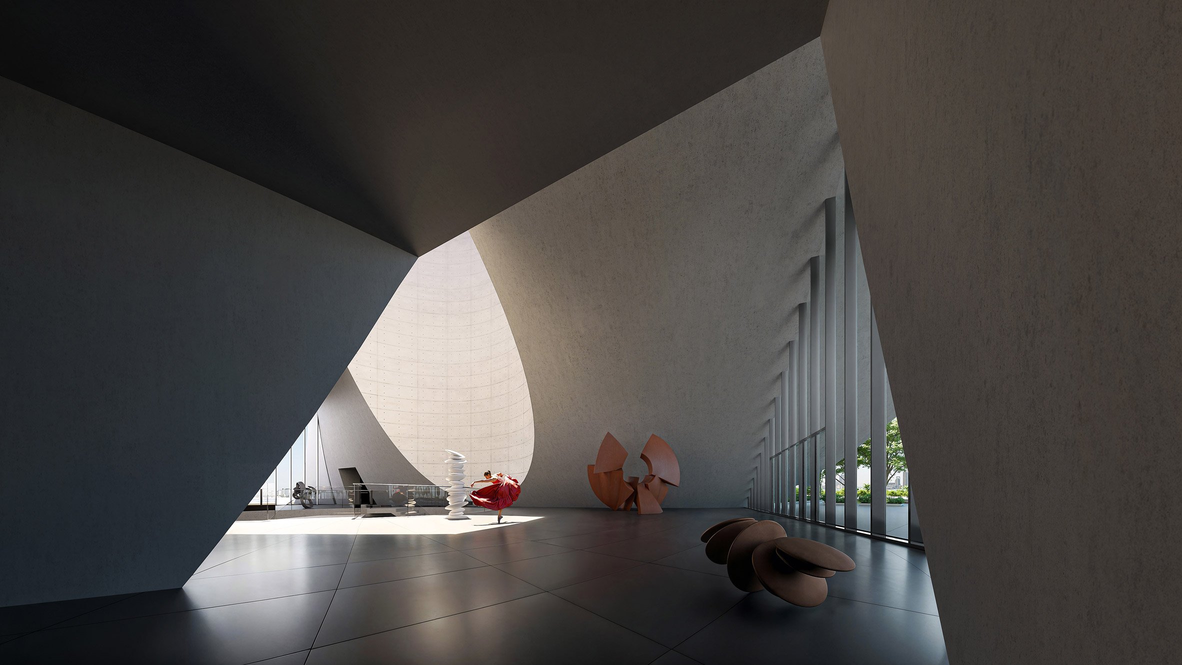 Interior render of an art gallery by Tadao Ando