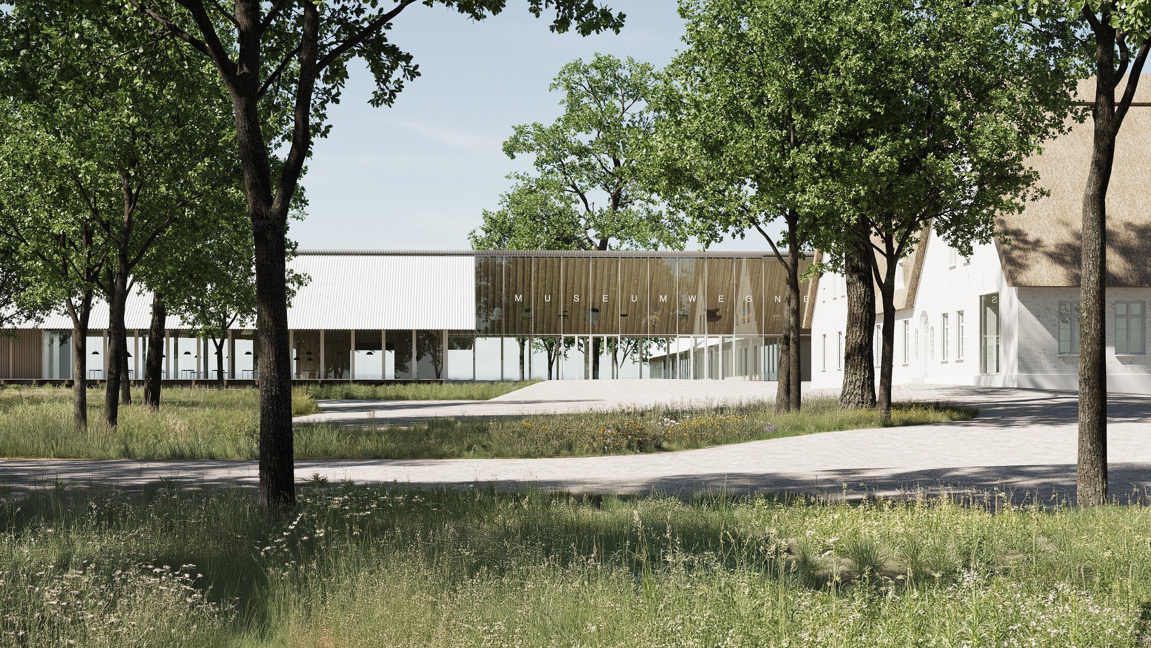 Render of historic farm buildings transformed into a museum