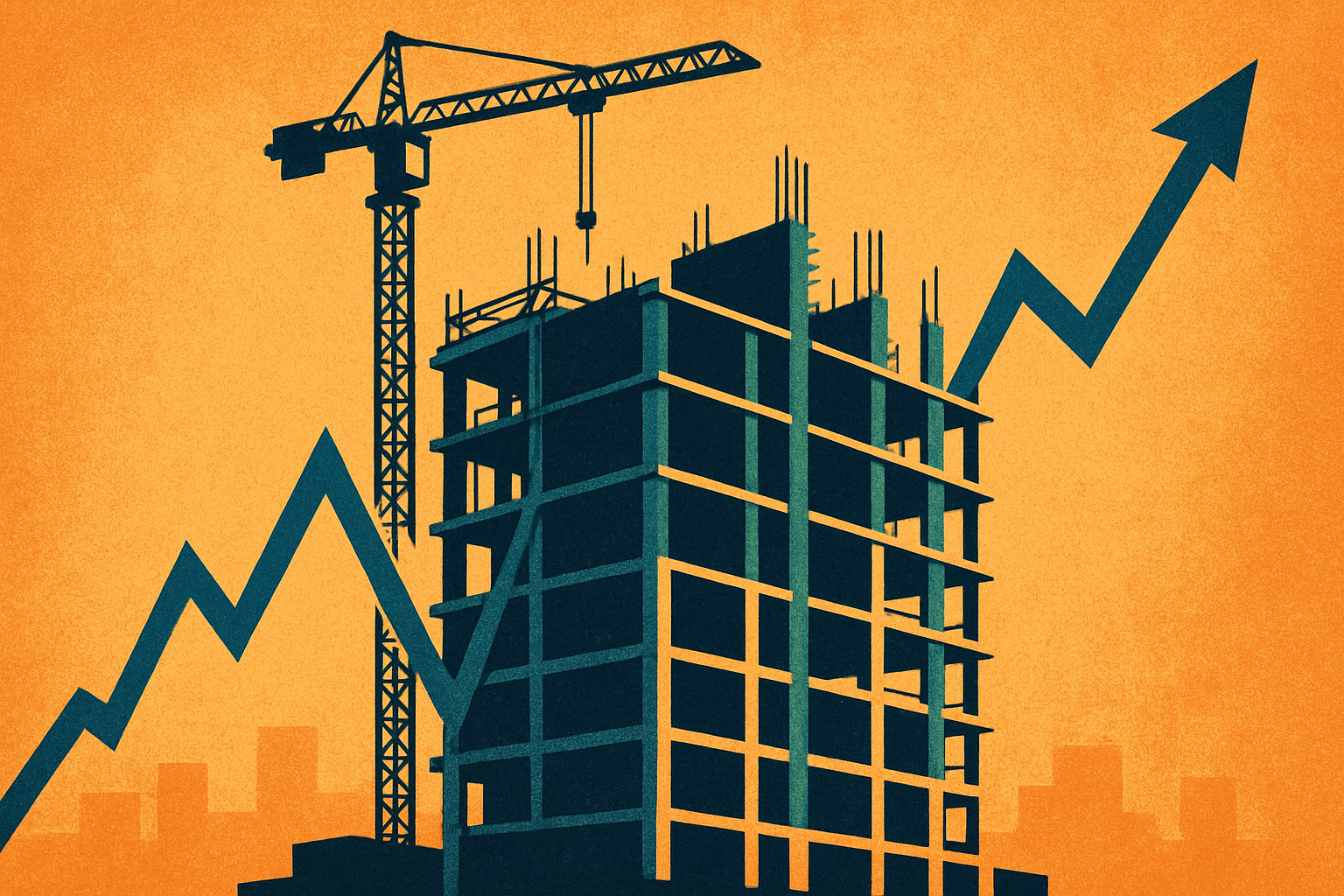 Stylistic image of a building under construction, in front of an arrow chart going up and down, but ending in an upward swing, signifying economic growth
