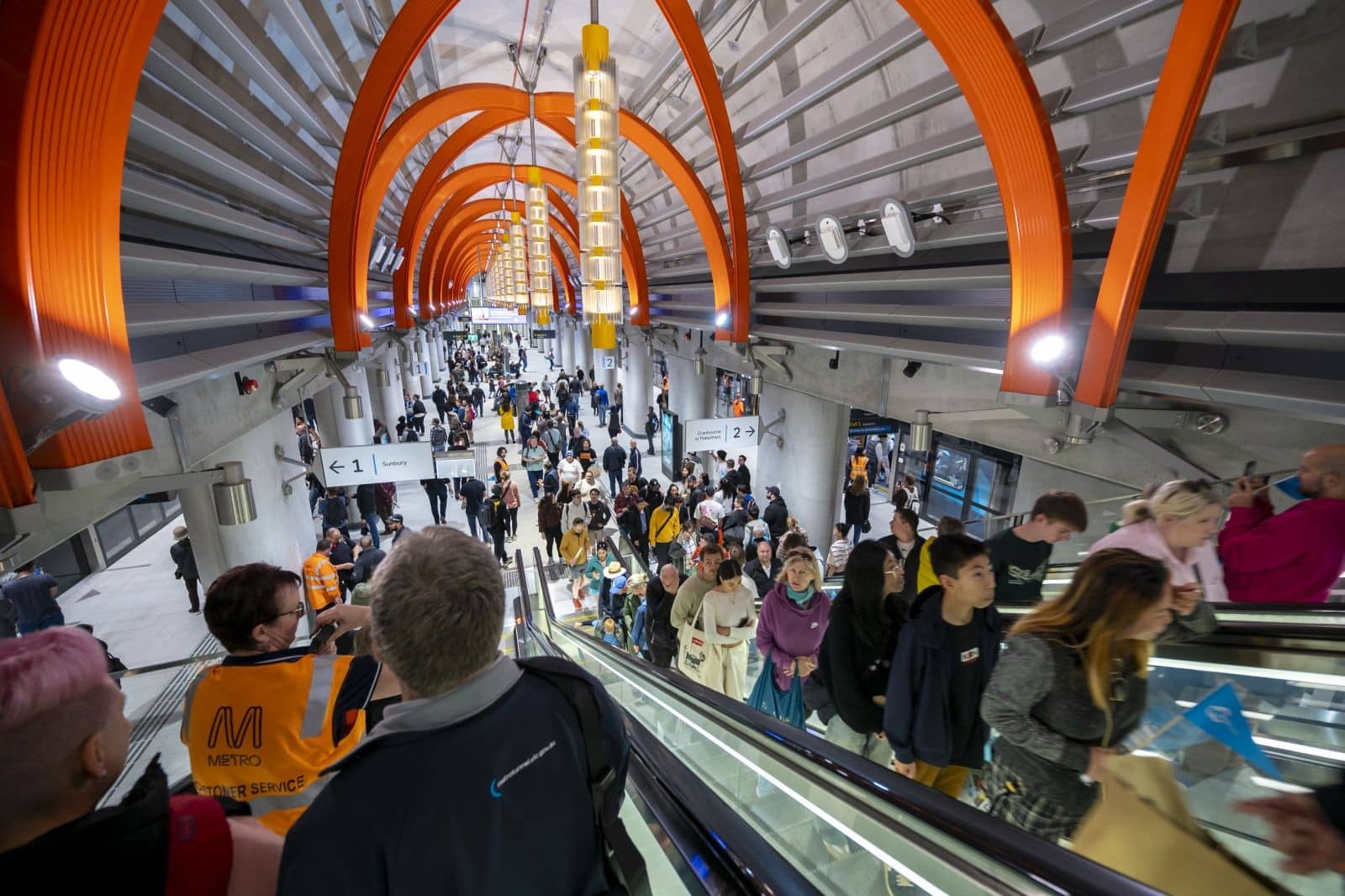 After a decade of works, passengers can now catch a train through the twin nine-kilometre tunnels and five new underground stations that form part of Melbourne’s Metro Tunnel. 